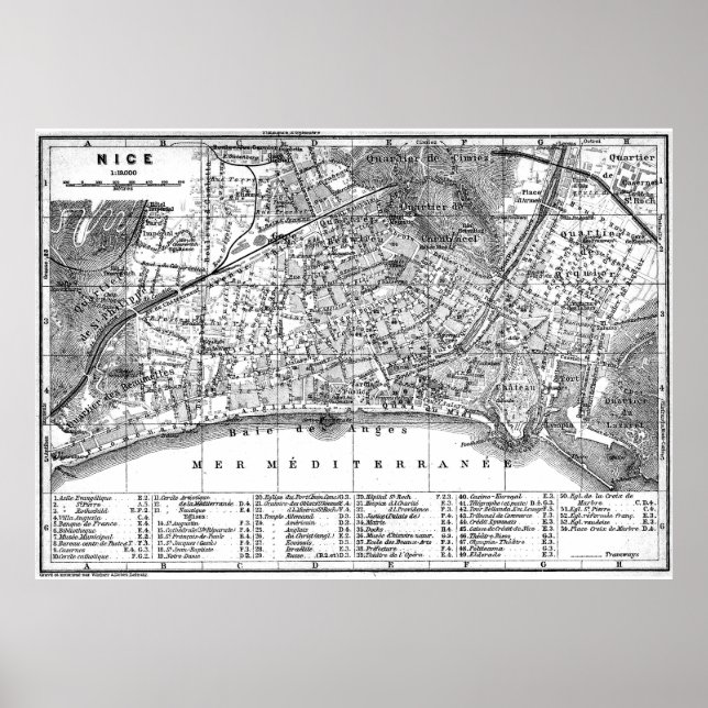 Poster Vintage Map of Nice France (1914) BW (Frente)