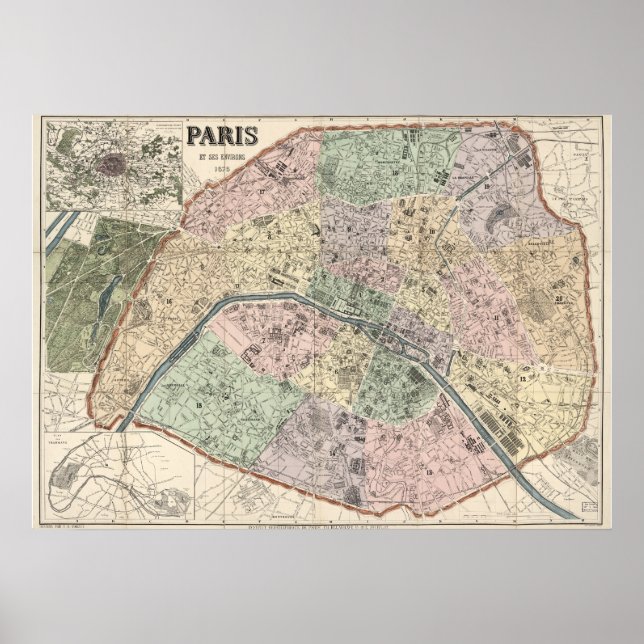 Poster Vintage Map of Paris France 1878 (Frente)