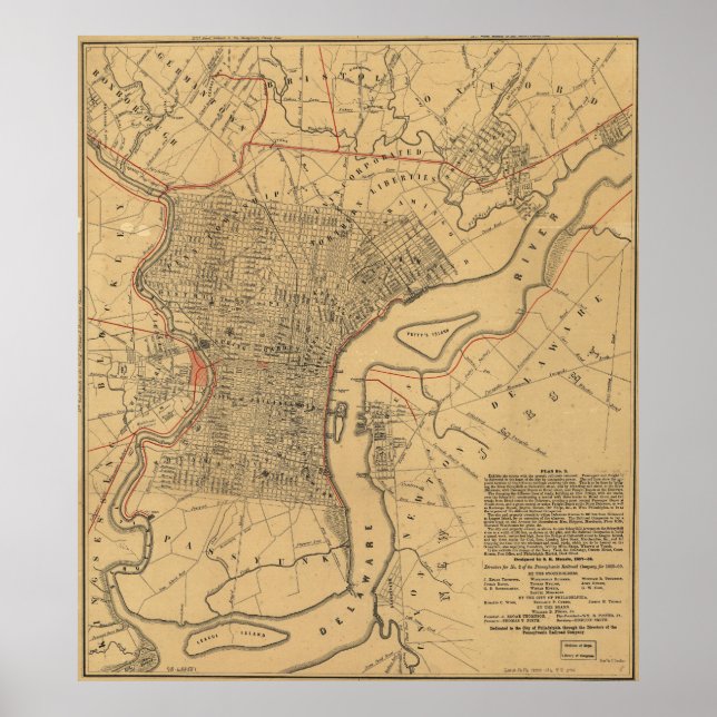Póster Vintage Map of Philadelphia Pennsylvania (1857) (Frente)