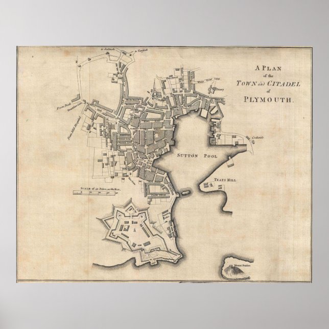 Poster Vintage Map of Plymouth England (1765) (Frente)