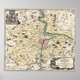 Poster Vintage Map of Prague & Surrounding Area (1740)
