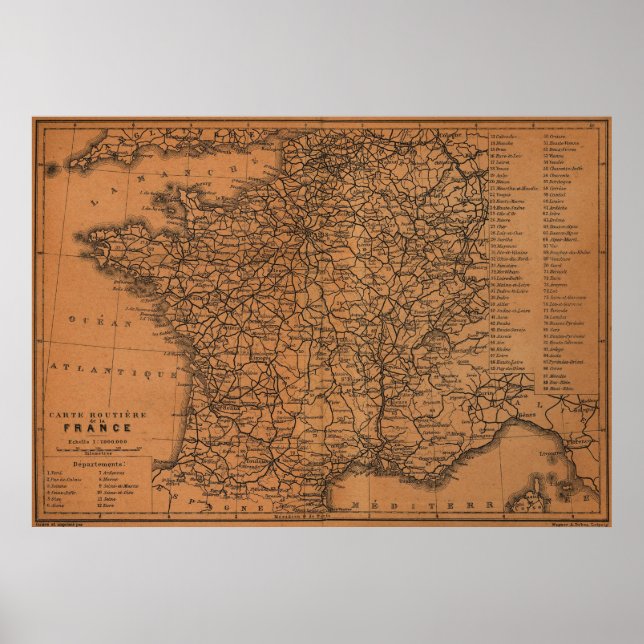 Póster Vintage Map of Railways in France (1914) (Frente)