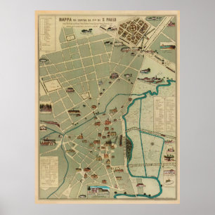 Poster Vintage Map of Sao Paulo Brazil (1877)