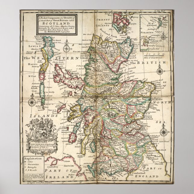 Poster Vintage Map of Scotland (1718) (Frente)