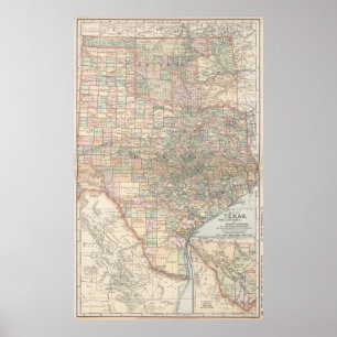 Póster Vintage Map of Texas and Oklahoma (1891)