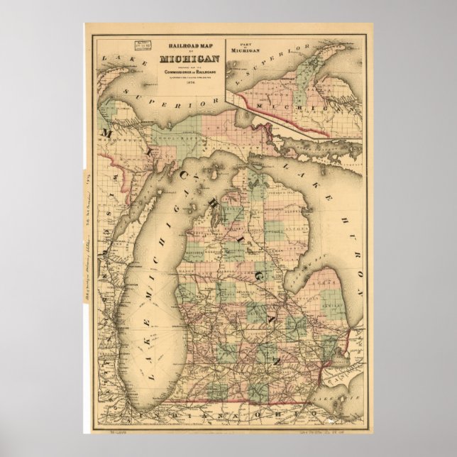 Poster Vintage Map of The Michigan Railways (1876) (Frente)