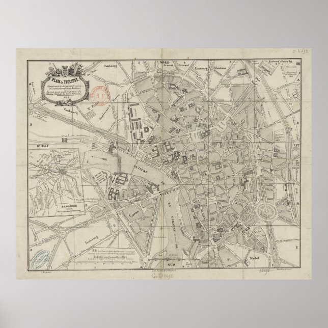 Poster Vintage Map of Toulouse France (1844) (Frente)