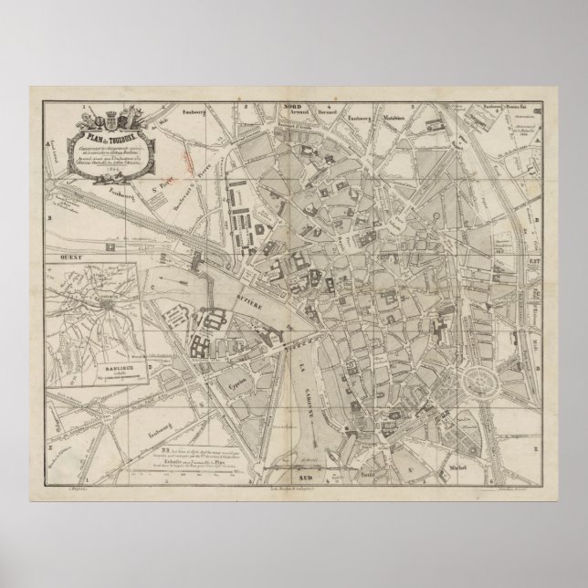 Poster Vintage Map of Toulouse France (1844) (Frente)