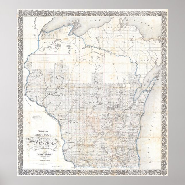 Poster Vintage Map of Wisconsin (1856) (Frente)