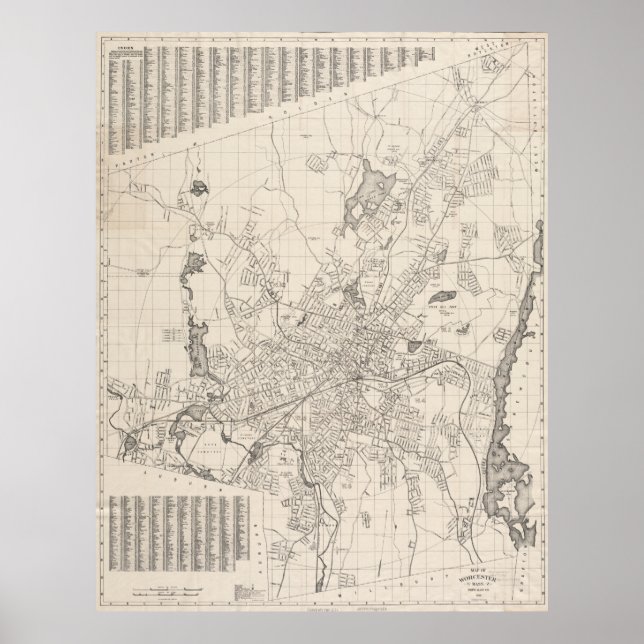 Póster Vintage Map of Worcester Massachusetts (1919) (Frente)