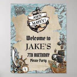 Poster Vintage Map Pirate Treasure Festa de aniversário B