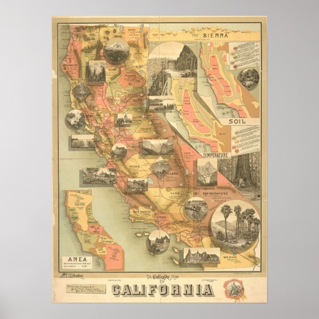 Poster Vintage, Mapa Antiquado Da Califórnia, Retro (Frente)