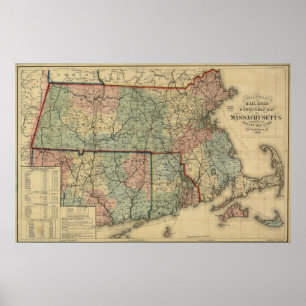 Poster Vintage Massachusetts 1879 & Rhode - mapa da ilha