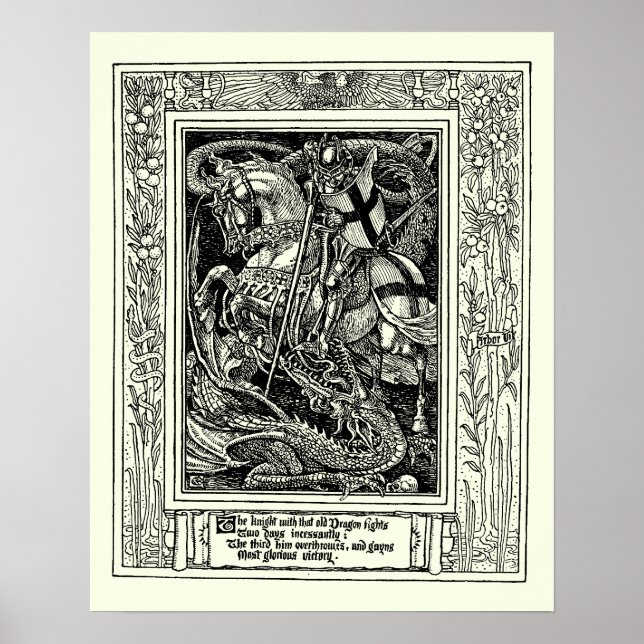 Poster Vintage Medieval Knight Slays Dragon, por W. Crane (Frente)