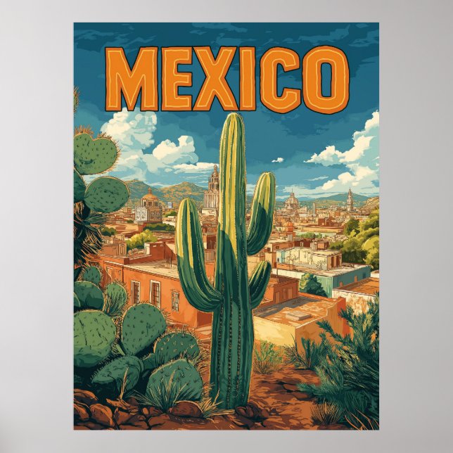 Poster Vintage Mexico Cactus Viagem (Frente)