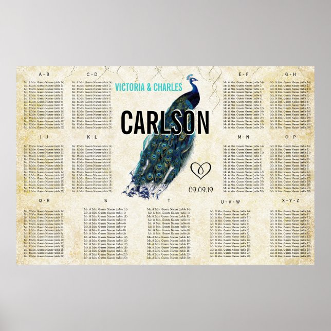 Póster Vintage Modern Peacock Seating Chart (Frente)