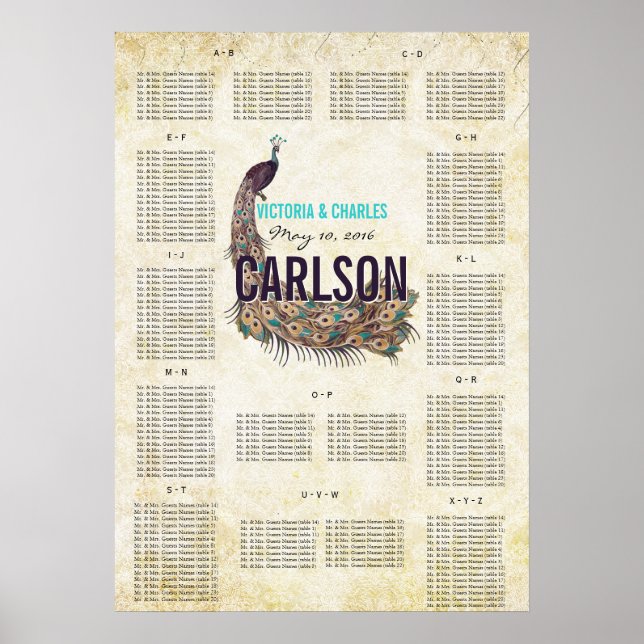 Poster Vintage Modern Peacock Seating Chart (Frente)