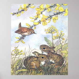 Poster Vintage Molly Brett Art Wren e Rabbit