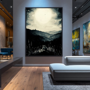 Poster Vintage Moonlit Cat, Tranquil Paisagem Nocturna
