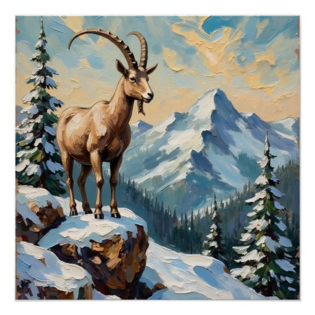 Póster Vintage Mountain Goat on Frosted Christmas Ridge (Frente)