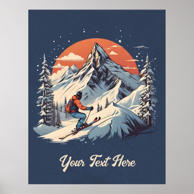 Poster Vintage Mountain Pine Skiing Laranja Sunset (Frente)