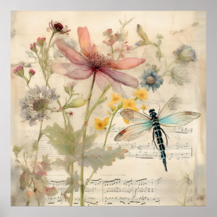Poster Vintage Music French Floral Dragonfly Art