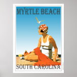 Póster Vintage Myrtle Beach<br><div class="desc">Um poster retrô que nunca foi até agora. Um refazer criativo de um velho poster que deveria ter sido. Myrtle Beach no estilo retrô da era da arte deco. Cor brilhante com uma mulher na praia sob um céu azul.</div>