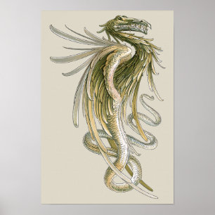 Poster Vintage Mythology, Winged Dragon with a Snake Tail