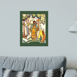 Poster Vintage Native American Woman Village Forest
