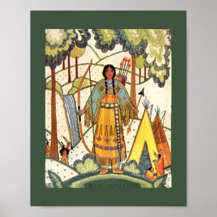 Poster Vintage Native American Woman Village Forest