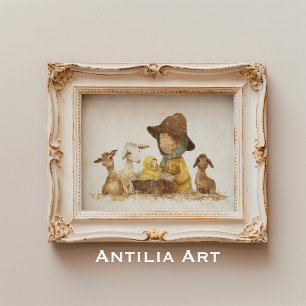 Poster Vintage Natividade Cena de Pintura Mama com Bebê