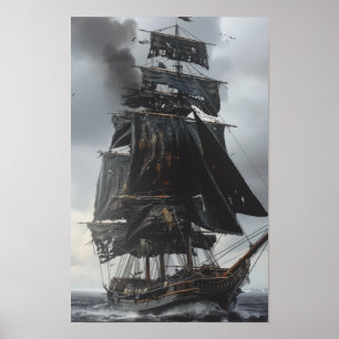 Poster Vintage Negra do Século 17 - Navio alto a Cheio
