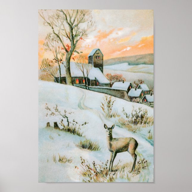 Poster Vintage neve, paisagem de inverno com veado (Frente)