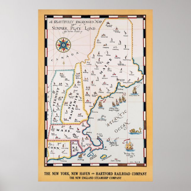 Poster Vintage New England Map Summer Viagem (Frente)