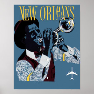 Póster Vintage New Orleans Viagem Jazz Trumpet