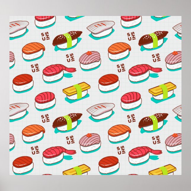 Poster Vintage nigiri sushi, padrão de rabisco (Frente)