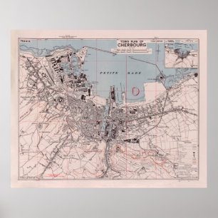 Poster Vintage Normandy Mapa francês de Cherbourg (1943)