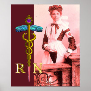 Poster VINTAGE NURSE e Dourado Caduceus NR Emblem