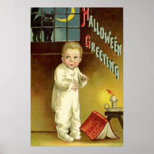 Póster Vintage o Dia das Bruxas, menino Scared com gato