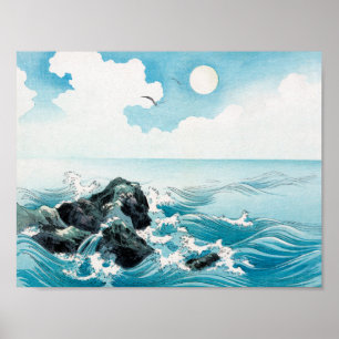 Poster Vintage Ocean Wave na Ilha Kojima Illus Japonês