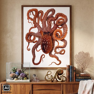 Póster Vintage Octopus Macropus, Animais Aquáticos Marinh