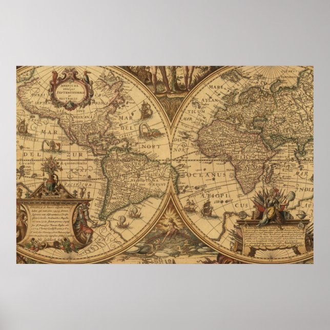 Poster Vintage Old World Map Sepia Art Viagem (Frente)