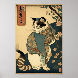 Poster Vintage Painting of a Cat in Kuniyoshi's Style