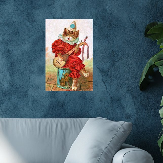 Póster Vintage Palhaço Músico do Jester Cat Mandolin (Cat dressed in red jester outfit sitting on drum playing mandolin on wall art poster.)