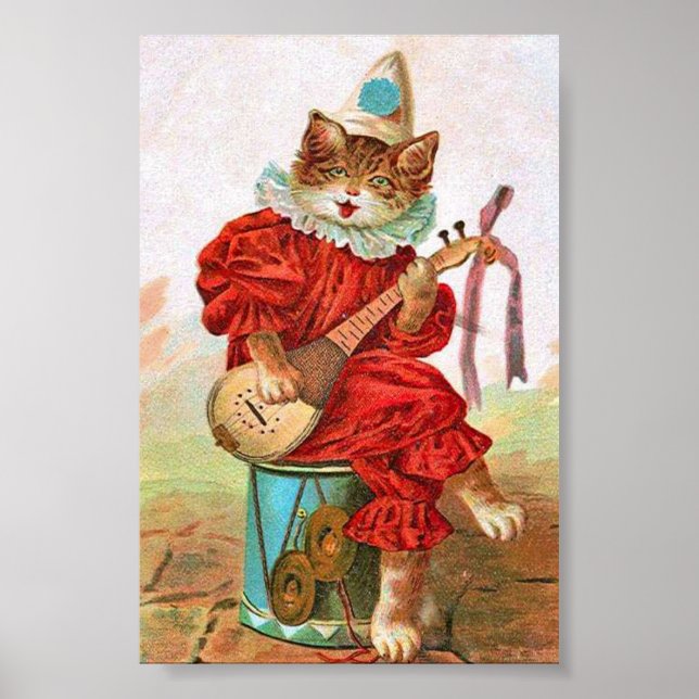 Póster Vintage Palhaço Músico do Jester Cat Mandolin (Frente)