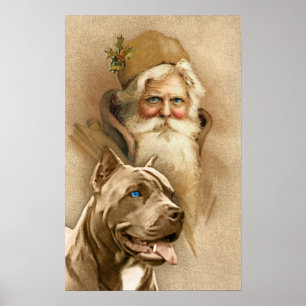 Póster Vintage Papai Noel & cão do pitbull do animal de