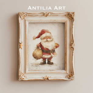 Poster Vintage Papai Noel com Gift Bag Natal