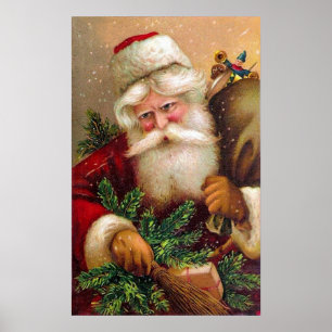 Poster Vintage Papai Noel com o cheio do saco dos