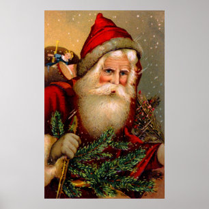 Póster Vintage Papai Noel com vara de passeio