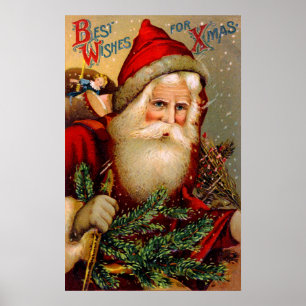 Póster Vintage Papai Noel com vara de passeio